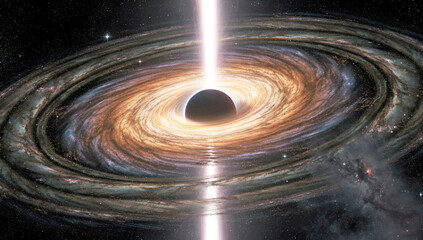 hyper realistic swirling black hole with glowing accretion disk and energy jet