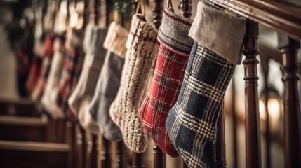 Naklejka premium A row of festive Christmas stockings hanging on a wooden staircase railing under warm soft lighting.