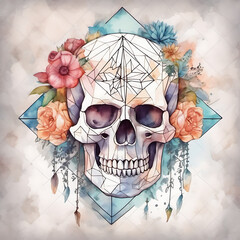 Watercolor skull with floral elements and geometric design