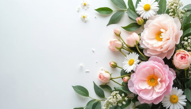 Soft pink peonies roses daisies and green leaves arranged on white background. Fresh natural blossom for wedding invitation or spring event decor. Delicate romantic floral composition.