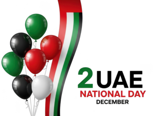 Uae national day celebration graphic with colorful balloons and ribbon featuring national colors, isolated on transparent background