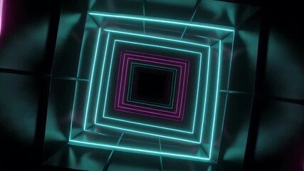 Abstract futuristic tunnel with vibrant glowing neon squares creating an immersive and dynamic light perspective, ideal for modern digital backgrounds and electronic event visuals