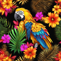 Vibrant macaw parrot illustration amidst colorful tropical flowers and foliage