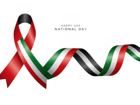Waving ribbon in colors of united arab emirates flag for happy uae national day celebration isolated on transparent background
