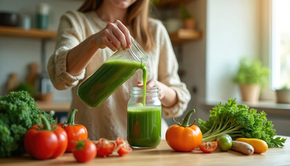 Woman pours fresh green juice from jug into glass jar on kitchen counter. Various vegetables and tomatoes are on table. Kitchen is bright and modern with fresh produce.