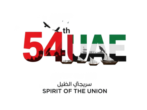 Official graphic design celebrating the 54th uae national day featuring the text 54th uae with the flag colors, dhow boats, and birds, isolated on white background