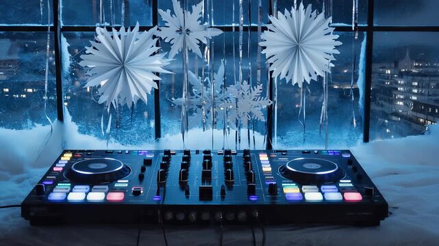 Winter Beats: DJ Mixer Setup in Snowy Studio with Night City View and Snowflake Decorations