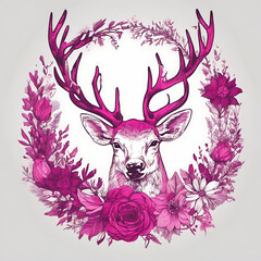 Elegant deer illustration with floral wreath in shades of pink