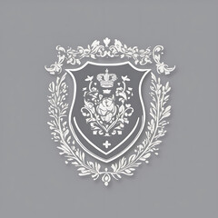 Elegant heraldic crest design with floral elements and crown on gray background
