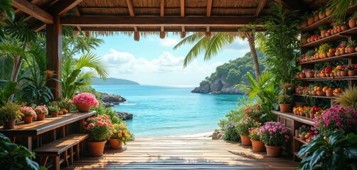 Obraz premium Open air flower stall overlooks calm turquoise sea and green island hills. Potted plants line shelves and wooden tables outside tropical resort. Sunny day blue sky over ocean.
