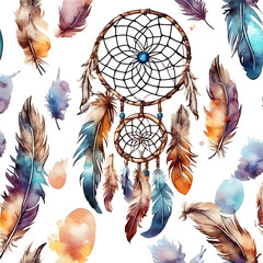 Watercolor dreamcatcher with feathers seamless pattern on white background