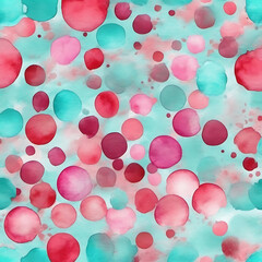 Watercolor polka dot pattern in teal, pink, and red for artistic backgrounds