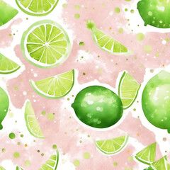 Watercolor lime slices and whole limes on a pink and white background
