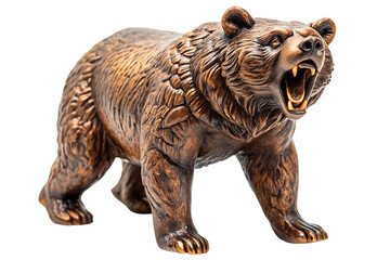 Fototapeta premium Bronze roaring bear figurine, with detailed fur texture and sharp teeth, cutout, PNG, isolated on white or transparent background, AI