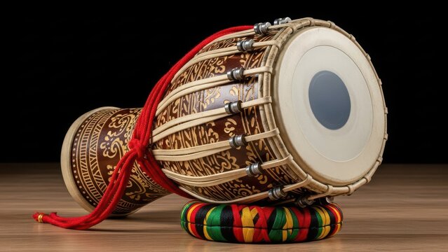 Traditional indian dholak drum with red strap and colorful cushion