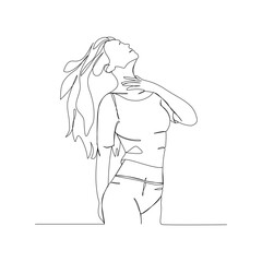 Minimalist continuous line drawing of a woman lifting her neck in a graceful pose