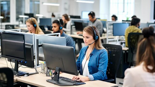 Busy call center with diverse employees wearing headsets working at their computers. Modern office environment focused on customer service & communication