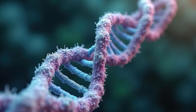 Illustration of DNA double helix structure. Biological macro image focuses on genetic code. Scientific visualization of gene, helix strands. Model represents biological research concepts in medicine,