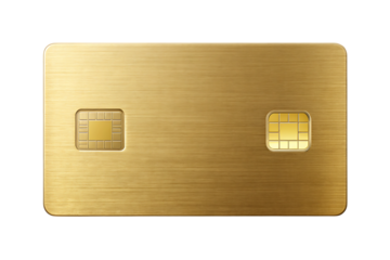Metallic gold credit card, with two integrated circuits on a brushed surface, cutout, PNG, isolated on white or transparent background, AI