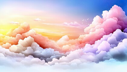 A vibrant and artistic illustration of fluffy clouds in a colorful sky, with a warm sunset glow.