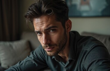 Obraz premium Intense portrait of man displaying sadness and worry. He sits alone on sofa in indoor setting conveying feelings of despair and mental distress. Image suggests isolation and internal struggle.
