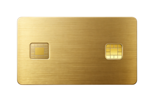 Metallic gold credit card, with two integrated circuits on a brushed surface, cutout, PNG, isolated on white or transparent background, AI