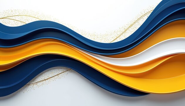 Abstract graphic illustration features flowing lines in blue gold and white colors. The wavy layered design has a modern dynamic feel suitable for various design projects.