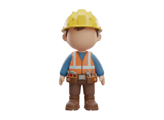 3D Render of Cartoon Construction Worker Character Wearing Yellow Hard Hat and Orange Safety Vest with Tool Belt Isolated on Black Background