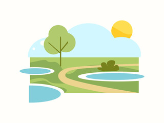 Flat landscape vector illustration featuring a park with trees, a calm lake, and bright sun. Perfect for eco design, travel and nature themes. 
