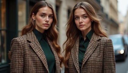 Twin sisters wear tweed jackets and green shirts on Paris street. Elegant women with similar looks stand close together, showing classic style, fashion, and beauty.