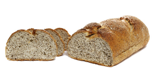 Fresh baked, slices of integral buckwheat bread isolated on white, side view