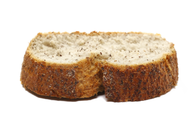 Fresh baked, slice of integral buckwheat bread isolated on white, side view