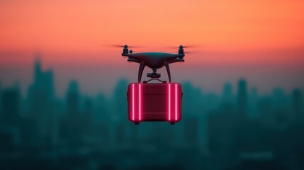A drone with glowing accents hovers against a city skyline at sunset, creating a striking contrast between technology and nature.