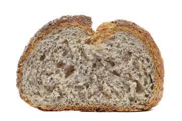 Fresh baked, slice of integral buckwheat bread isolated on white, side view