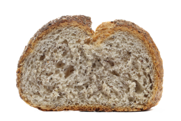 Fresh baked, slice of integral buckwheat bread isolated on white, side view