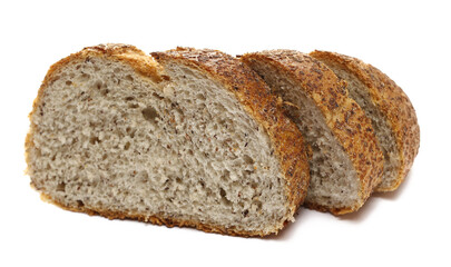 Fresh baked, slices of integral buckwheat bread isolated on white, side view