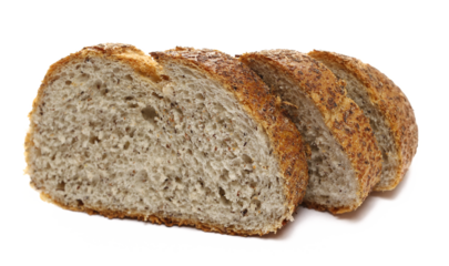 Fresh baked, slices of integral buckwheat bread isolated on white, side view