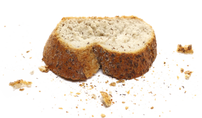 Fresh baked, slice of integral buckwheat bread with crumbs isolated on white