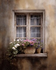 A rustic window with potted flowers, in an old French village, in the soft light of the early morning, with soft pastel colors and detailed textures, in a digital art style.
