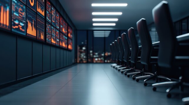 A sleek, modern office space at night, featuring a long row of chairs and digital screens displaying data and graphs.