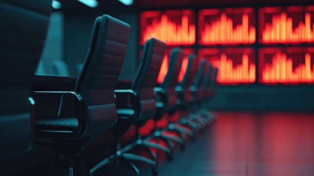 A modern conference room with sleek chairs and digital screens displaying red graphs, creating a high-tech business atmosphere.