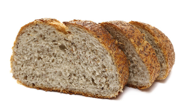 Fresh baked, slices of integral buckwheat bread isolated on white, side view