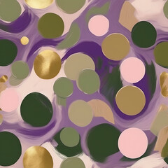 Abstract art with gold, green, and purple circles on a textured background