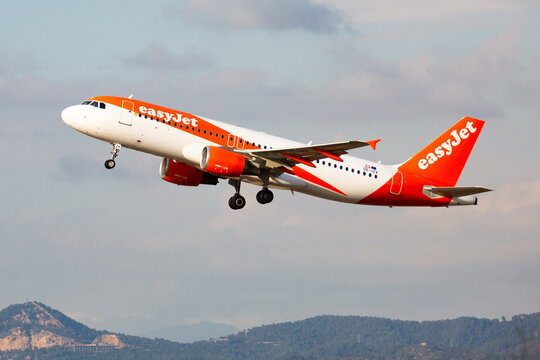 Barcelona, El Prat - January 26, 2020: Airline EasyJet plane takes off from the runway at Barcelona El Prat airport. Board number OE-IZV