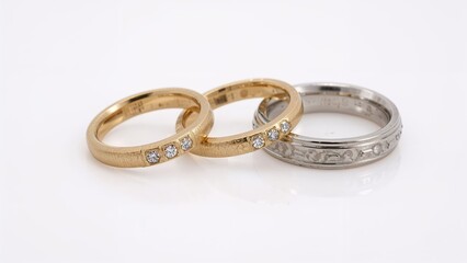 Three wedding rings, two gold with diamonds and one silver, arranged together on a white background.