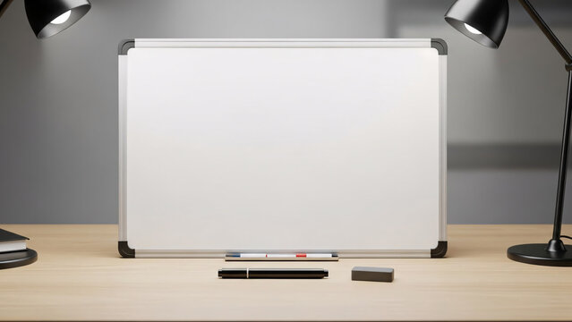 Blank whiteboard on wooden desk, perfect for brainstorming, presentations, and educational content creation
