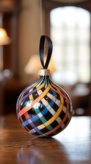 A colorful, patterned Christmas ornament hangs from a black ribbon against a blurred background, reflecting warm light.