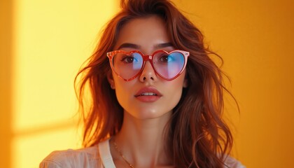 Young woman with long wavy hair wears red heart shaped glasses indoors. She has subtle smile and looks directly at camera with playful expression against warm yellow background, exuding confidence.