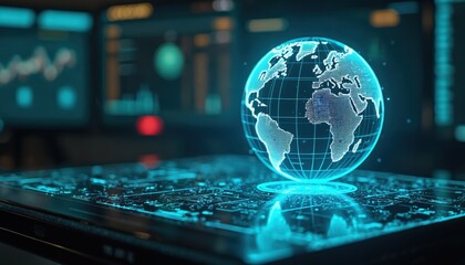 Holographic globe display real-time analytics data on tech interface. Business process monitoring visualized through digital representation. Concept of innovation data visualization. Modern tech