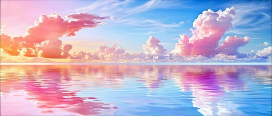 A vibrant landscape featuring colorful clouds reflected in calm water at sunset. The sky transitions from pink to blue, creating a peaceful and serene atmospher